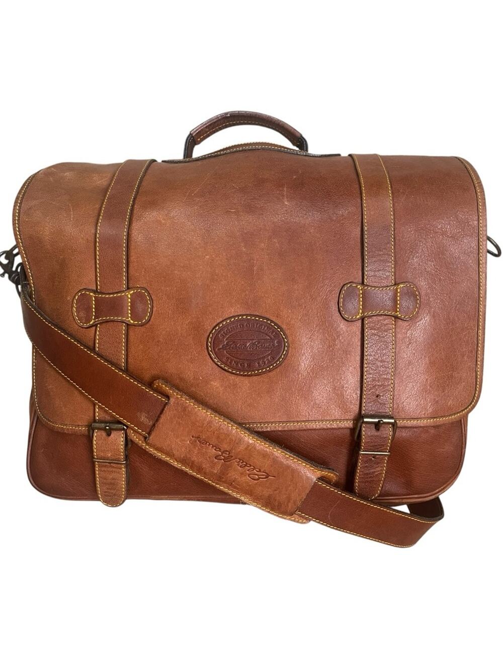 Vintage Eddie Bauer Leather Messenger Bag Briefcase Classic Timeless Preppy Tan